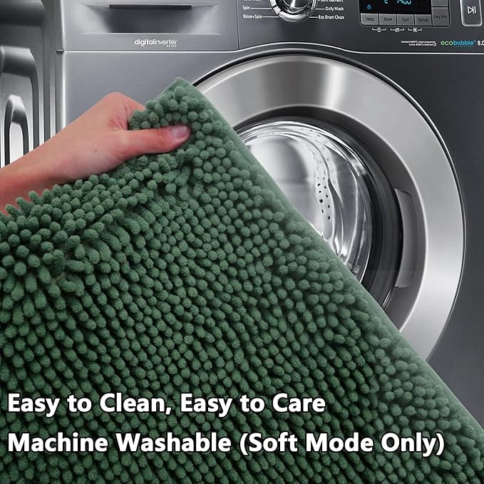 BOANKODU Bathroom RugsSets 2 Piece，59X24+16X24Inch，Absorbent Non-Slip Very Soft Chenille Mat,Machine Washable（Dark Green）