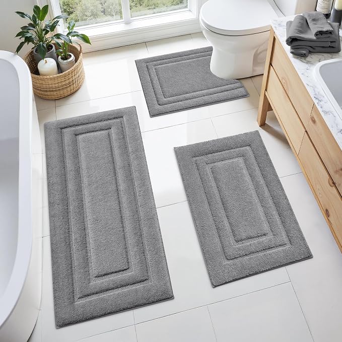 HOMEIDEAS Grey Bathroom Rugs Set of 3, Non Slip Bath Runners | Super Absorbent, Plush Microfiber, Machine Washable, Stain Resistant, Easy Care, Perfect for Modern Bathroom Decor