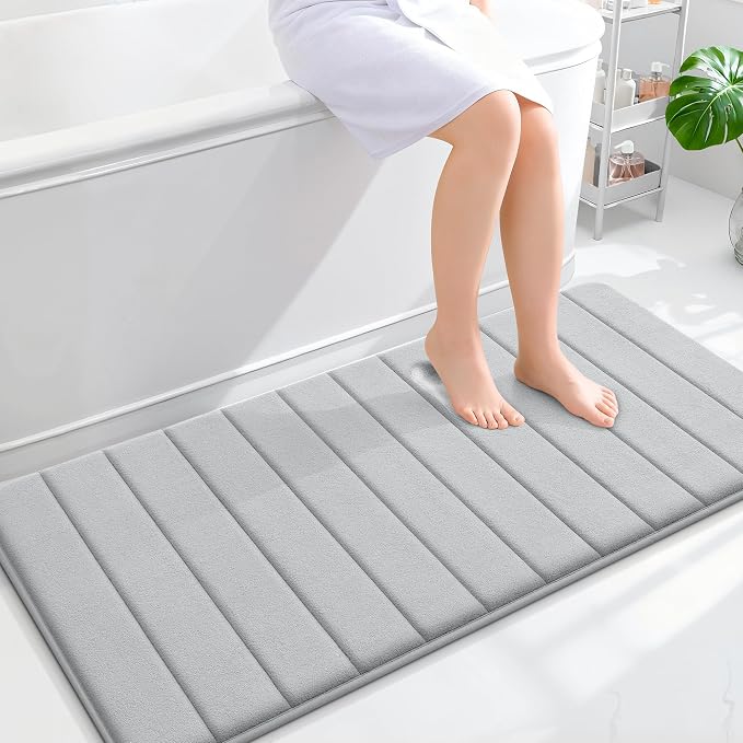OLANLY Memory Foam Long Bathroom Rugs Runner 47x24, Super Soft Absorbent | Light Gray, Quick Dry Bath Mat, Machine Washable Shower Floor Rugs, Bathmat Carpet for Bathroom Floor, Tub and Shower