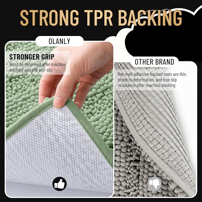 OLANLY Thick Chenille Bathroom Rugs Sets 3 Piece, 36"x24"+24"x16"+24"x20" | Sage Green, Absorbent Bath Mats and U-Shaped Contour Toilet Rug, Home Decor Accessories, Bath Mat Set for Bathroom