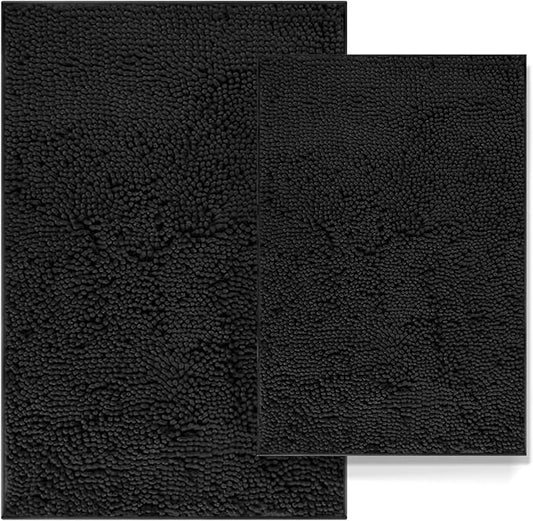 Black Bathroom Rugs Non Slip Bath Rugs Set 2 Piece, Bath Mats for Bathroom, Thick Soft Chenille Rug Set, Bathtub Mat, Ultra Absorbent Bath Carpet, Shaggy Bathrooms Carpet Sets