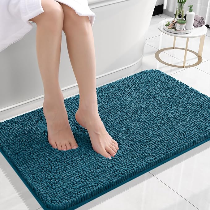 OLANLY Small Bathroom Rugs 24x16, Extra Soft Absorbent Chenille Bath Rugs | Peacock Blue, Quick-Drying Rubber Backing, Washable Bath Mat for Bathroom Floor, Tub and Shower, Home Decor Accessories