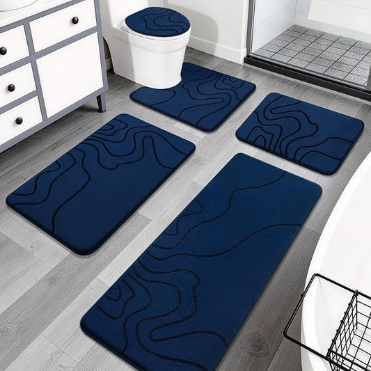 Memory Foam Bathroom Rugs Sets 5 Piece, Ultra Soft Bath Mat, Dark Blue | Ultra Soft, Extra Thick Bath Mat, Absorbent, Non-Slip, Machine Washable, For Tub, Shower & Home Decor Accessories