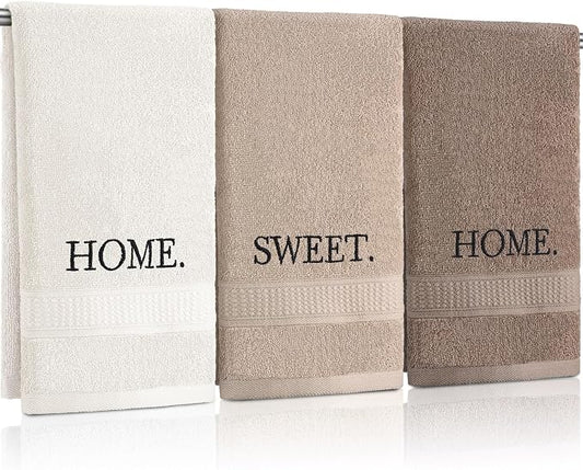 3 Pcs Hand Towels Bathroom Set,Brown,Home,Sweet,Home | Embroidered Cotton Farmhouse Towels, Kitchen Decor, Rustic Boho Decorative with Text Labels, Guest Bath Home