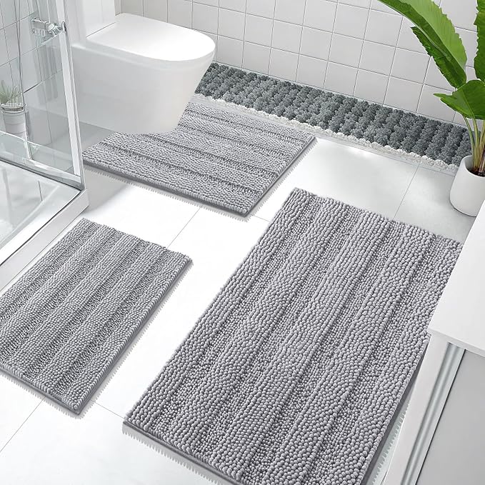OLANLY Thick Chenille Bathroom Rugs Sets 3 Piece, 36"x24"+24"x16"+24"x20" | Light Grey, Absorbent Bath Mats and U-Shaped Contour Toilet Rug, Home Decor Accessories, Bath Mat Set for Bathroom