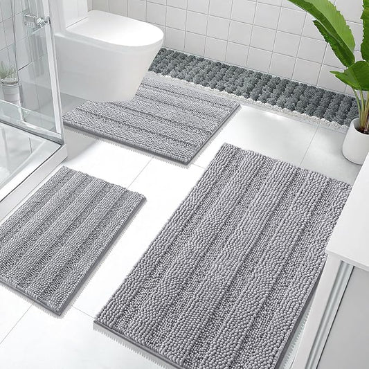OLANLY Thick Chenille Bathroom Rugs Sets 3 Piece, 36"x24"+24"x16"+24"x20" | Light Grey, Absorbent Bath Mats and U-Shaped Contour Toilet Rug, Home Decor Accessories, Bath Mat Set for Bathroom