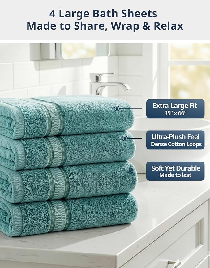 LANE LINEN Large Bath Sheet Soft Absorbent Quick Dry 100% Cotton - Teal | Extra Large Bath Towels - Zero-Twist Durability, Generously Sized, Oversized & Roomy, Lightweight & Breathable