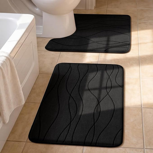 Bathroom Rugs Set 2 Piece, Memory Foam Bath Mat Black | U Shaped+Small Mat, Ultra Soft, Absorbent, Non-Slip, Machine Washable, for Bathroom, Sink and Toilet