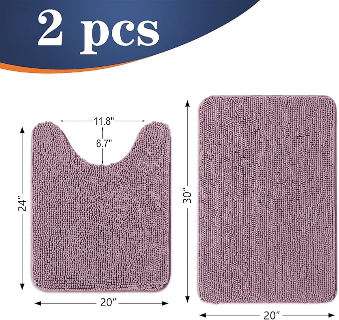 OLANLY Chenille Bathroom Rugs Mats Sets 2 Piece, 30"x20"+24"x20", Deep Plum | Soft Absorbent Bath Mat and U-Shaped Contour Toilet Rug Set, Quick Dry, Machine Washable Bath Carpet, Home Decor Accessories