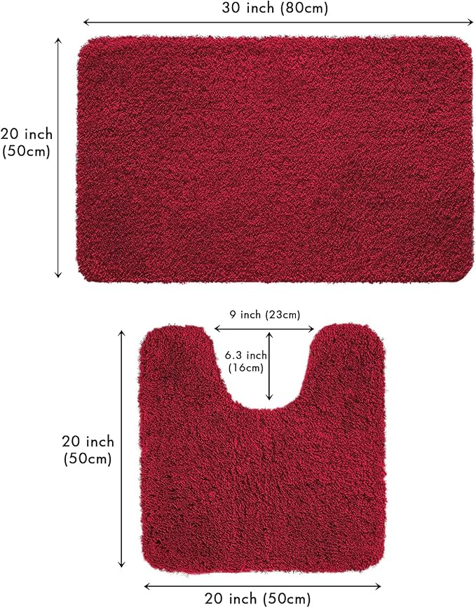 MIULEE Red Bathroom Rugs Set 2 Piece Soft Bath Mats 20x20+20x32 Inch | Absorbent Microfiber Bath Mat and U-Shaped Toilet Rug, Non Slip, Quick Dry, for Bathroom Floor Tub Showers, Machine Washable