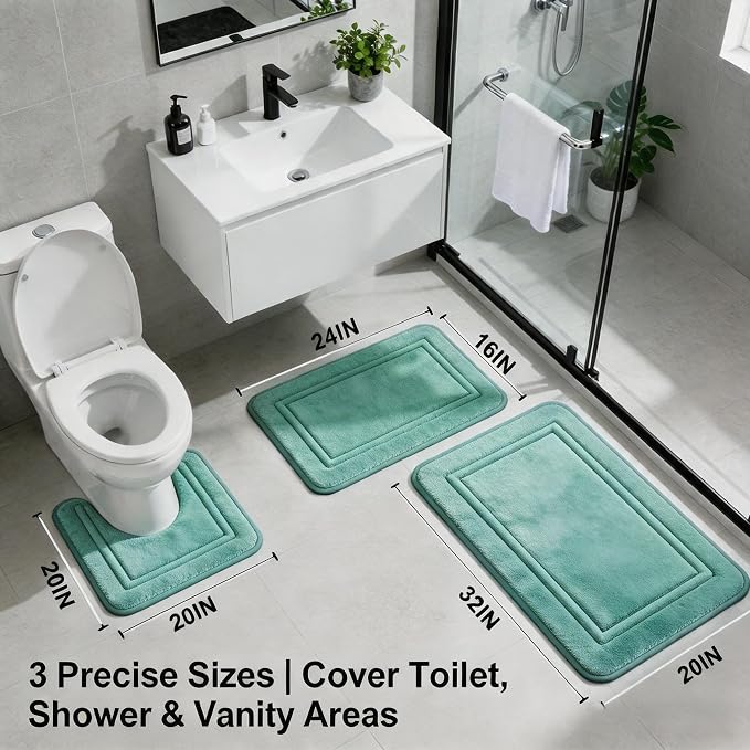 Bathroom Rugs Set 3 Piece Memory Foam, Bordered Toilet Rug, Non-Slip Teal | Coastal & Boho Decor — Rich Teal bath mats, absorbent and washable, with a U-shaped toilet mat.