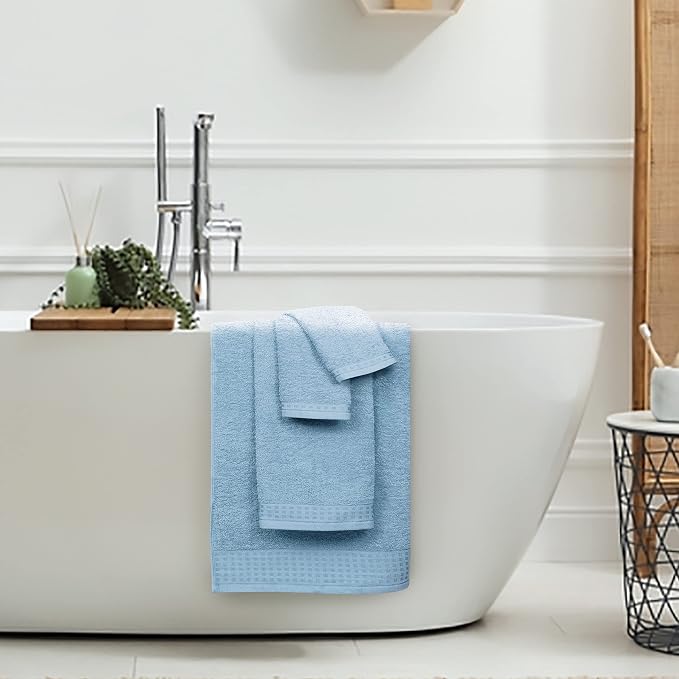 GLAMBURG 100% Cotton Ultra Soft 6 Pack Towel Set, Contains 2 Bath Towels 28x55 Inches, 2 Hand Towels 16x24 Inches & 2 Wash Coths 12x12 Inches, Compact Absorbent Lightweight & Quickdry - Sky Blue