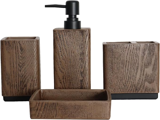 Hymmah Bathroom Accessories Set,Toothbrush Holder Set,4 Pcs Apartment Necessities (Wood Brown)
