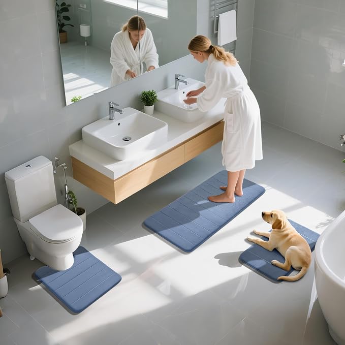 Yimobra 3 Pieces Memory Foam Bath Mat Set with U-Shaped Toilet Rug - Non Slip Super Soft Absorbent Quick Dry Bathroom Rugs for Bathtub, Vanity & Toilet Base, Denim Blue
