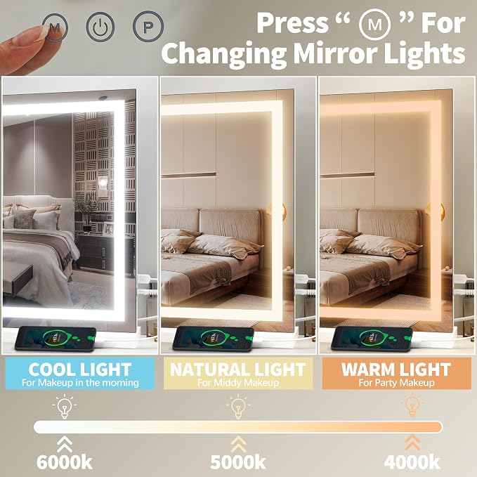 FENNIO 23" x 18" Vanity Mirror with Lights，LED Makeup Mirror，Hollywood Mirror with 3 Color Modes & Adjustable Brightness，Vanity Mirror Square White