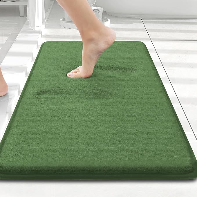 Smiry Memory Foam Bath Mat 24x16, Extra Soft and Absorbent Bathroom Rugs | Olive Green, Quick Dry Machine Washable Non-Slip Bath Mat for Bathroom Floor, Shower and Tub