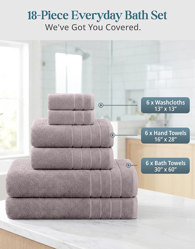 Casa Platino Bathroom Towel Set 18 Piece Soft Absorbent - Platinum | Hotel Towels - Coordinated Colors, Dobby Border Accent, OEKO-TEX Certified, Ring-Spun Durability, Ring-Spun Cotton
