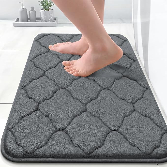OLANLY Memory Foam Bath Mat Rug 24x16, Ultra Soft and Absorbent Bathroom Rugs, Non-Slip, Comfortable, Machine Washable Bath Carpet for Bathroom Floor, Tub, Shower and Home Decor Accessories, Dark Grey | Thick Absorbent Carpet, Non-Slip Backing, Machine...