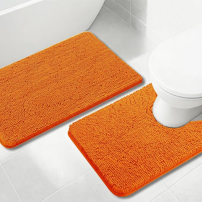 Bathroom Rugs Chenille, Extra Thick and Absorbent, Non-Slip, Machine Washable, Dry Quckily, Soft Cozy Plush, Used Under Shower Bathtub and Sink, Bath mat Sets Orange