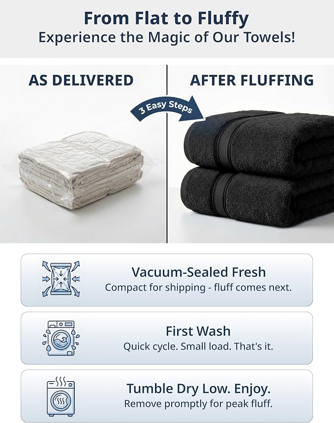 LANE LINEN Towel Set for Bathroom Soft Absorbent Quick Dry 6 Piece - Black | Set Of Towels - Dobby Border Accent, OEKO-TEX Certified, Zero-Twist Durability, Zero-Twist Cotton, Terry Weave Comfort
