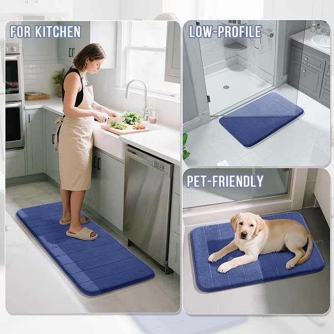 Yimobra Large Bath Mat Set 2 Piece- Super Soft Absorbent Quick Dry Memory Foam Bathroom Rugs, Machine Washable Non Slip Floor Carpet for Tub Shower & Double Vanity (17x24 & 44x24, Navy Blue)