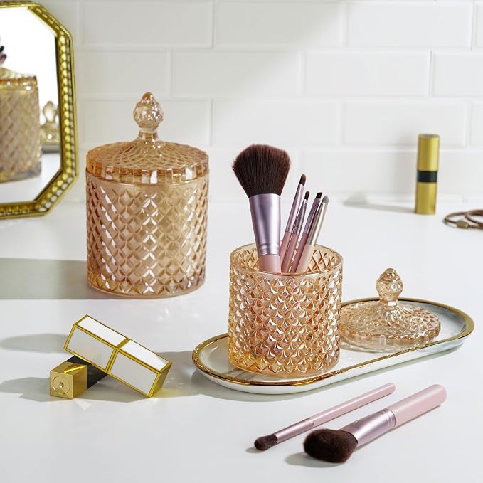 2 Pack Glass Qtip Holder, Apothecary Jars with Lids Bathroom Storage | Amber (10+24oz), Storage for Cotton Swabs, Balls, Pads, Floss Pick, Makeup, Candy & Jewelry, Vanity Organizer for Bathroom