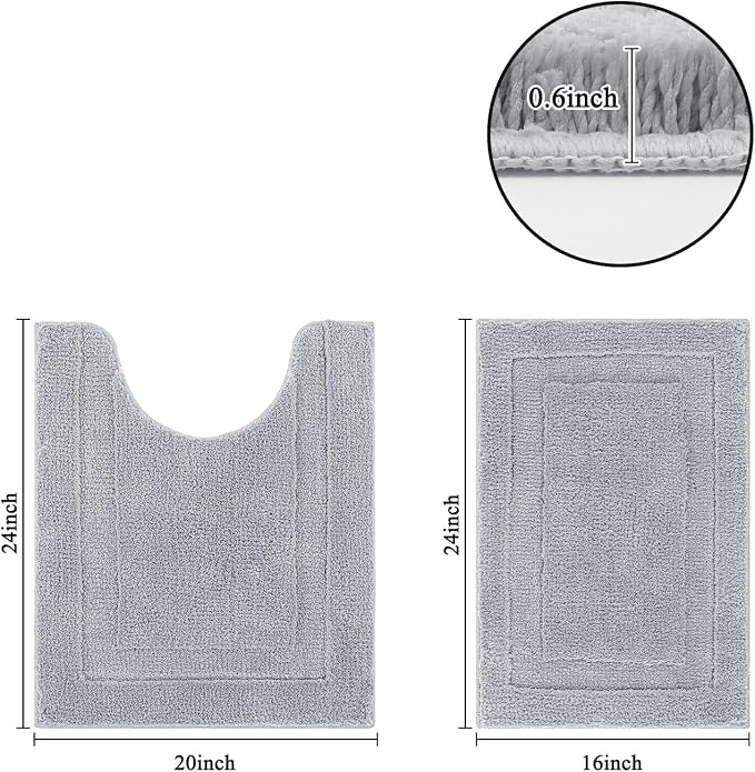 SHACOS Soft Microfiber Small Bathroom Rugs Set 2 Pieces with Toilet Rug | Absorbent Plush Bath Mats U Shaped Shower Bath Rug, Non Slip Washable Fluffy Bathroom Floor Mats, 24x16+24x20, Light Grey