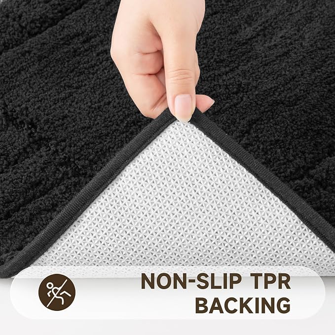 Pauwer Bathroom Rugs Set 5 Piece, Microfiber Bath Mat Set, Black | Non Slip Washable Bath Mat with U Shaped Toilet Rug, Plush Absorbent Shower Rug, Toilet Lid Cover, Quick Dry Floor Carpet