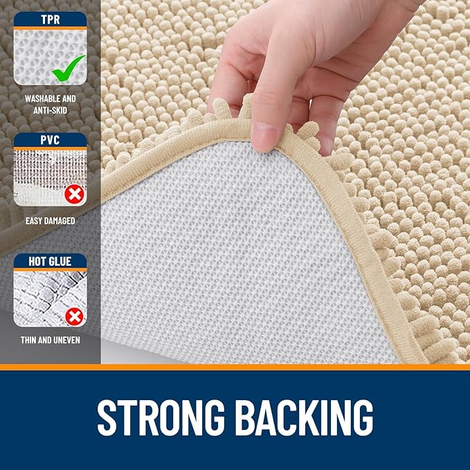 OLANLY Chenille Bathroom Rugs Mats Sets 2 Piece, 47"x20"+24"x20", Beige | Soft Absorbent Bath Mat and U-Shaped Contour Toilet Rug Set, Quick Dry, Machine Washable Bath Carpet, Home Decor Accessories