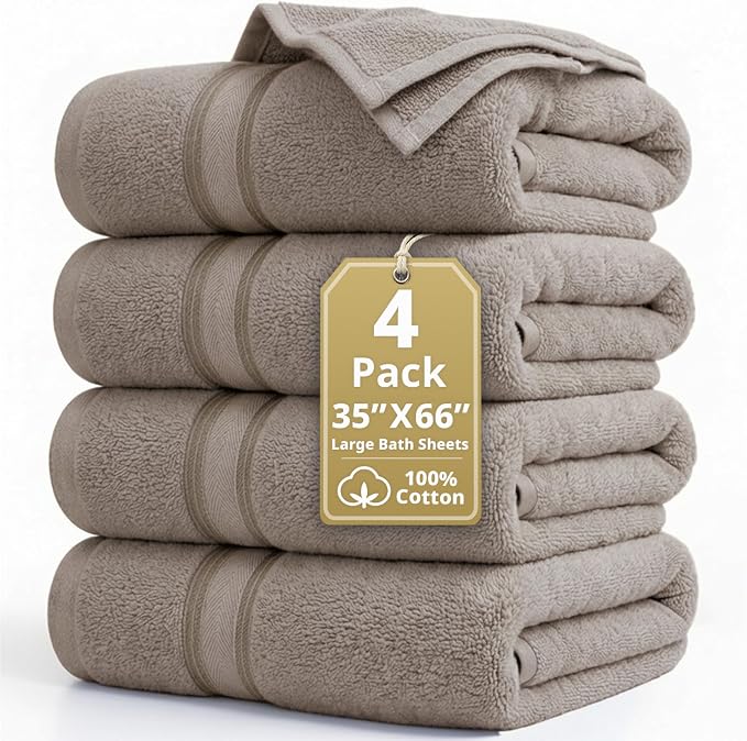 LANE LINEN Large Bath Sheets Oversized Soft Absorbent 4 Pack - Platinum | Bathroom Towels Large - Lightweight & Breathable, Fade-Resistant Color, Classic Terry Weave, Densely Woven