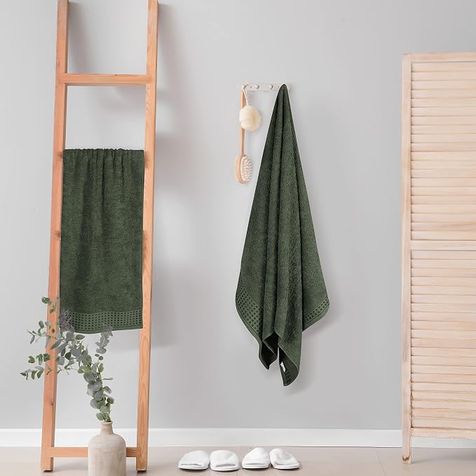 GLAMBURG 100% Cotton 2 Pack Oversized Bath Towel Set 28x55 Inches, Ultra Soft Highly Absorbant Compact Quickdry & Lightweight Large Bath Towels, Ideal for Gym Travel Camp Pool - Olive Green