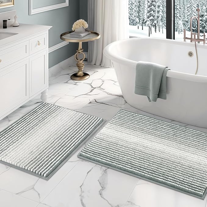 Bathroom Rugs Sets 2 Piece, Non Slip Striped Bath Mats, Light Gray | 20"x32" Plus 16"x24"，Soft Absorbent Chenille, Quick Dry Machine Washable, Shower Rug for Bathroom Floor, Tub, Bedroom Decor