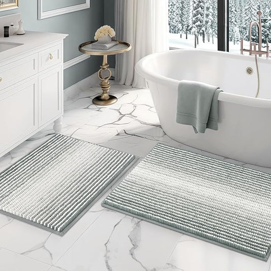 Bathroom Rugs Sets 2 Piece, Non Slip Striped Bath Mats, Light Gray | 20"x32" Plus 16"x24"，Soft Absorbent Chenille, Quick Dry Machine Washable, Shower Rug for Bathroom Floor, Tub, Bedroom Decor