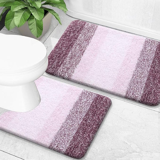 OLANLY Micorfiber Bathroom Rug Set 2 Piece, 24"x16"+U-Shaped 24"x20" | Mauve, Soft Absorbent Bath Mats and Contour Toilet Rug, Non-Slip, Machine Wash Dry, Plush Shaggy Bath Mats for Bathroom