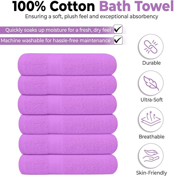 KAHAF COLLECTION 6 Pack Bath Towels Set (27 x 54 Inches) 100% Ring Spun Cotton, Lightweight, Quick Dry, Highly Absorbent Towels (Light Purple, (27x54) Inches)