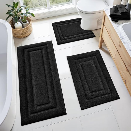 HOMEIDEAS Black Bathroom Rugs Set of 3, Non Slip Bath Runners | Super Absorbent, Plush Microfiber, Machine Washable, Stain Resistant, Easy Care, Perfect for Modern Bathroom Decor