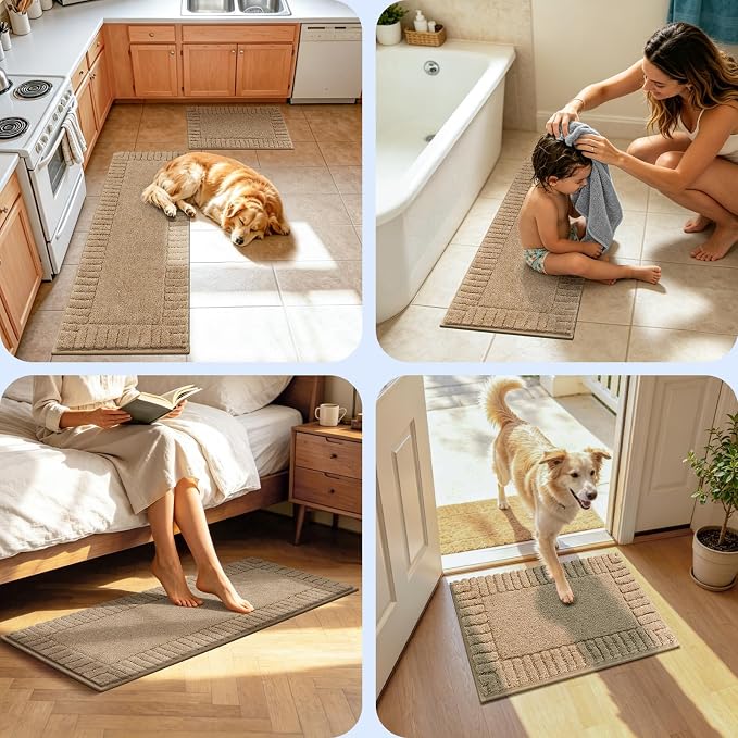 Pauwer Bathroom Rugs Sets 3 Piece, Microfiber Bath Mat Set, Khaki | Non Slip Washable, Soft Plush, Extra Absorbent Bath Mats, U Shaped Contour Toilet Rug for Bathroom