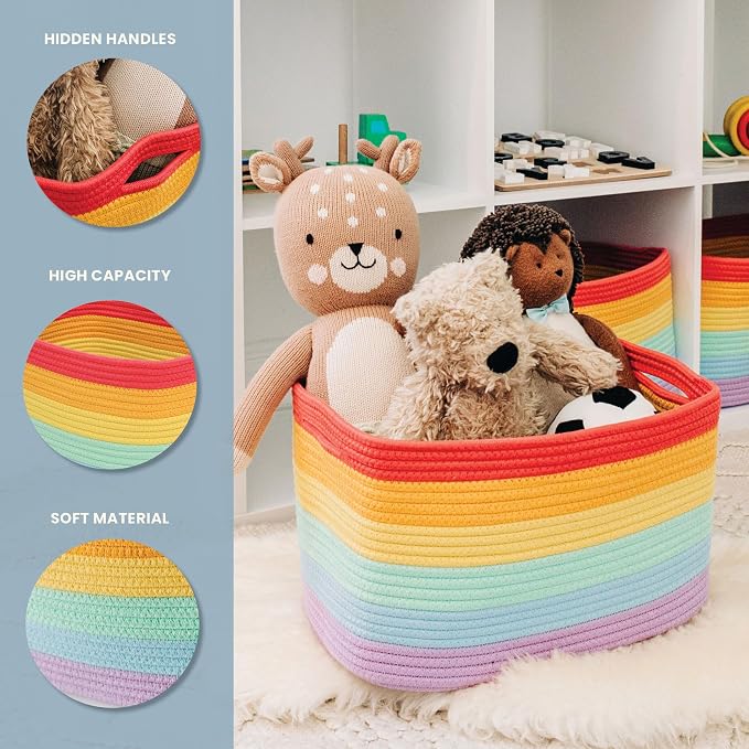 Rainbow Cotton Rope Basket for Shelf Storage - 15"×10"×9½" - Colorful Decorative Basket for Kids - Nursery, Playroom, Classroom - Toy Storage, Books, Towels