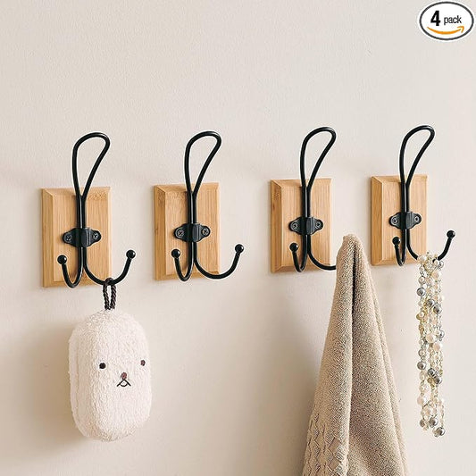 4 Pack Farmhouse Towel Hooks for Bathrooms, Heavy Duty Adhesive Mounted & Wall Mount Rustic Farmhouse Decorative Wood Wall Hooks for Hanging Towel Robe Coat (Bamboo)