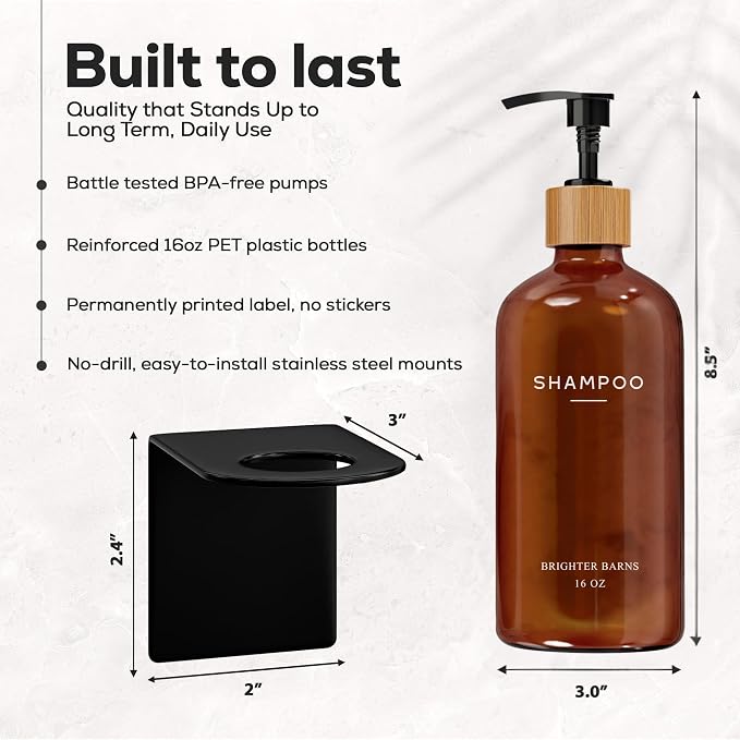 Amber Shampoo and Conditioner Dispenser Set Wall Mounted by Brighter Barns - Refillable Shampoo Dispenser for Shower Wall 3 Chamber No Drill - Plastic Shower Bottles for Guest Bathroom, Hotel (Amber)