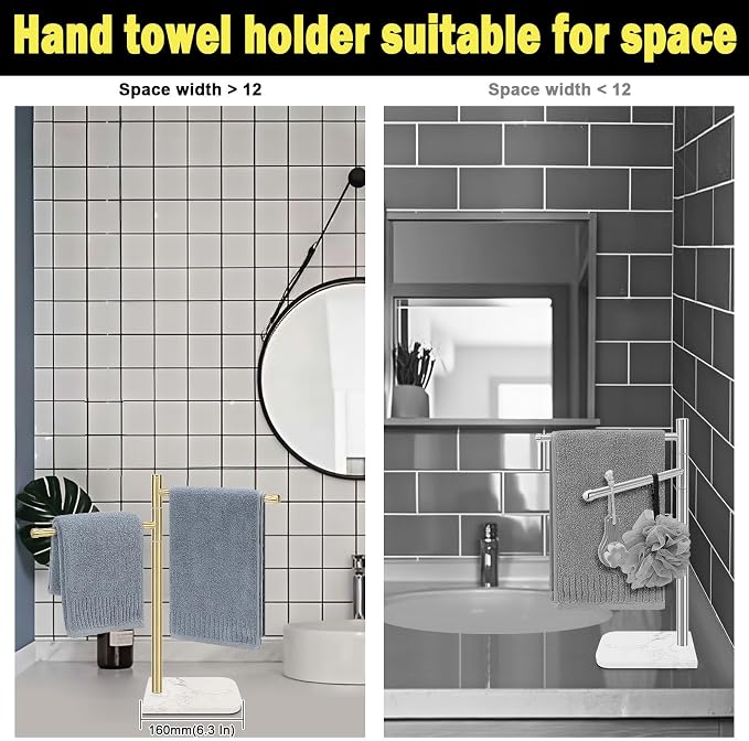 Standing Hand Towel Holder, Hand Towel Stand with Marble Base, 304 Stainless Steel Towel Rack with 2 Swivel Arm, Countertop Stand Towel Ring Towel Bar for Bathroom (Gold)