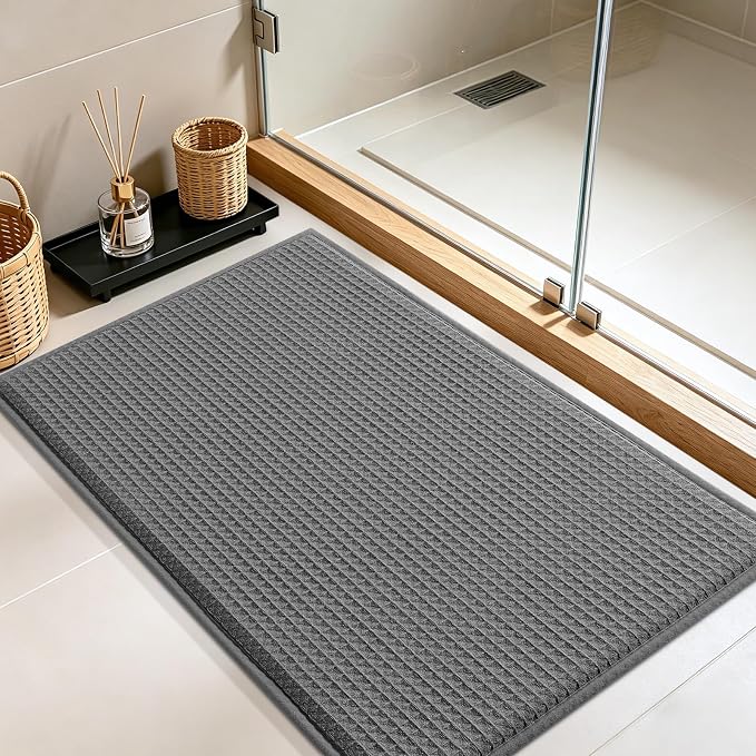 Memory Foam Bath Mat, Ultra Soft Absorbent Waffle Bathroom Rugs, Super Non-Slip PVC Backing Bath Rug Quick Dry, Machine Washable Rug for Tub, Shower, Home Decor Accessory, 32" x 20", Dark Gray