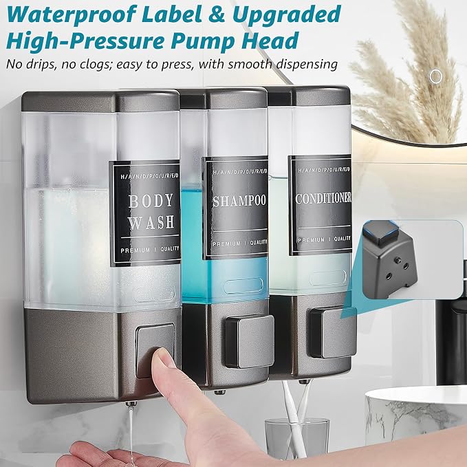 Shower Shampoo Dispenser 3 Chamber No Drill, Grey | Wall Mounted, Large Capacity 3×16.9oz, ABS Plastic Material, Refillable With Labels, For Bathroom Hotel