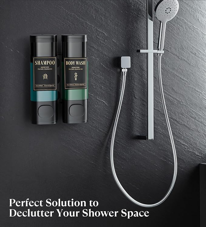 Luxspire Shampoo and Conditioner Dispenser, Shower Soap Dispenser 2-Chamber | Lockable Large Capacity 600ml No-Drill Wall-Mounted Shampoo and Body Wash Dispenser for Bathroom Hotel Kitchen Airbnb