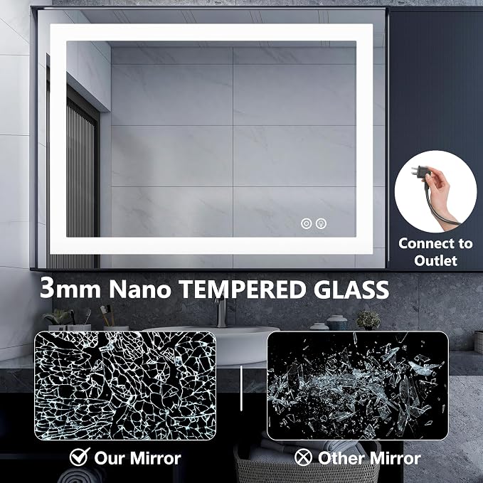 DUMOS 36.1"x48.1" LED Bathroom Mirror, Bathroom Vanity Mirror | Smart Anti-Fog, Front Light and Backlit, 3 Color Temperatures, Dimmable, Memory Function
