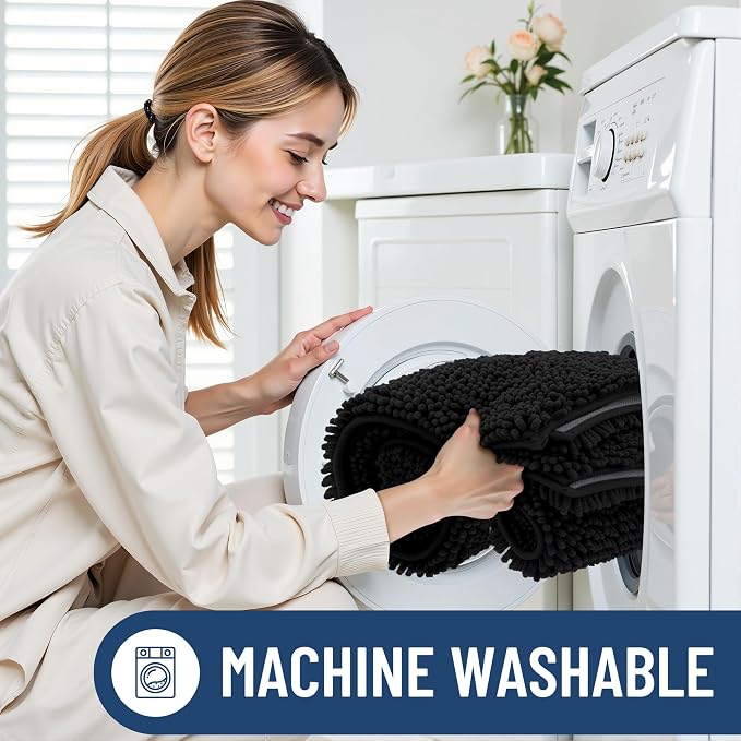Smiry Chenille Bathroom Rugs Sets 2 Piece (59x20+30x20, Black) | Soft Absorbent Machine Washable Non Slip Shaggy Bath Rug Set for Tub, Shower, and Floor, Home Decor