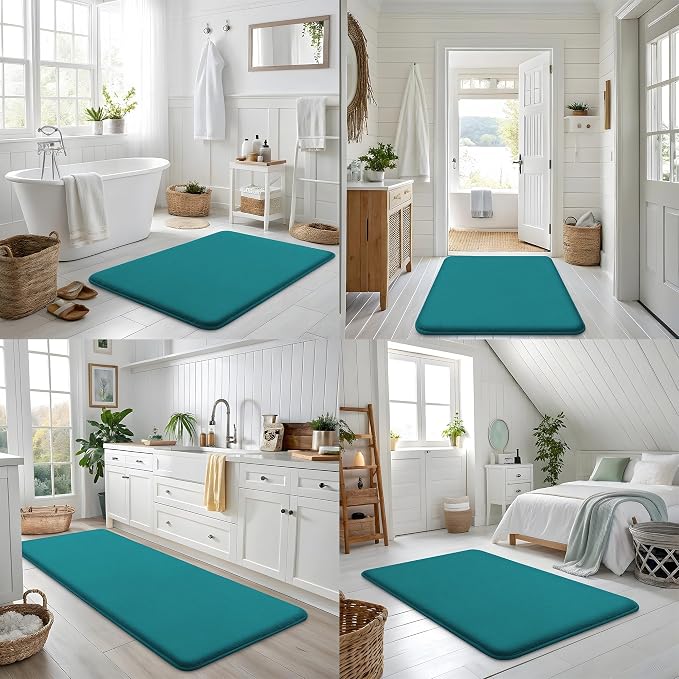Smiry Memory Foam Bath Mat 24x16, Extra Soft and Absorbent Bathroom Rugs | Teal, Quick Dry Machine Washable Non-Slip Bath Mat for Bathroom Floor, Shower and Tub