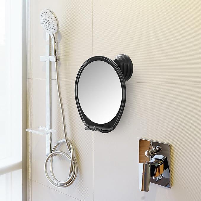 HONEYBULL Fogless Shower Mirror for Shaving with Suction Mount, Black | Shatterproof Acrylic Bathroom Accessory With 360 Swivel & Built-in Razor Hook, Clear Reflection in Steam & No-Drill Setup