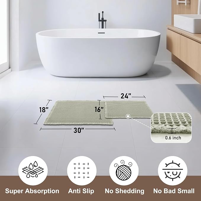 JIUZHEN Set of 2 Waffle Bath Mats Boho Bath Rugs 16x24&18x30, Sage Green | Non Slip, Super Absorbent, Washable, Ultra Soft, Fast Drying Waffle Bathroom Rugs for Bathroom Floor, Tub, Shower