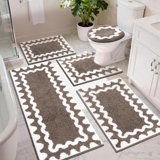 Findosom Bathroom Rugs Sets 5 Piece, Absorbent Soft Non-Slip Bath Rug Set | Washable Microfiber Shaggy Bath Mat Set with Bathroom Runner Rug, U-Shaped Toilet Rugs, Shower Rug & Toilet Lid Cover, Brown
